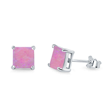 Halo Stud Earrings Princess Cut Lab Created Pink Opal 925 Sterling Silver 7mm
